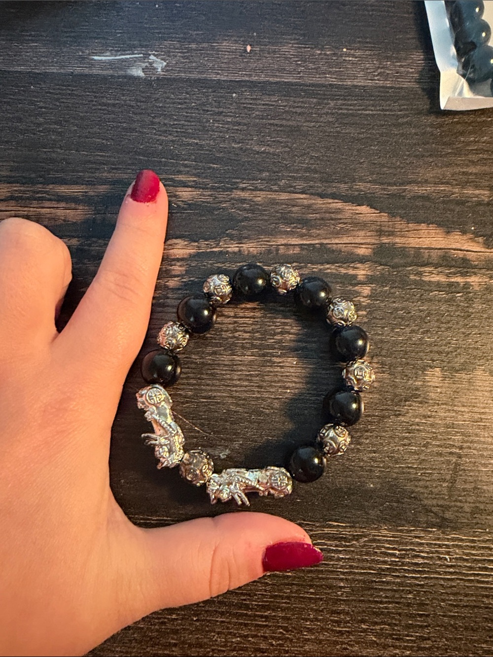 Silver Dragon Black Bead Stretch Bracelet - Women Jewelry